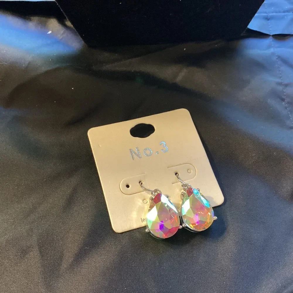 Iridescent Teardrop Earrings in Silvertone Basket Setting
